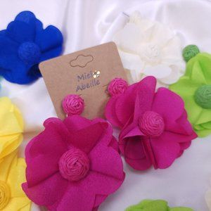 Raffia Flower Earring, Chiffon flower earring, Barbie Earring, Summer Earring,